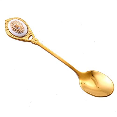 JINGYAN Kaffeelöffel Golden Coffee Spoon Retro Small Stainless Steel Ceramic Handle Dessert Afternoon Tea Black Gift(Cosmos flower) von JINGYAN