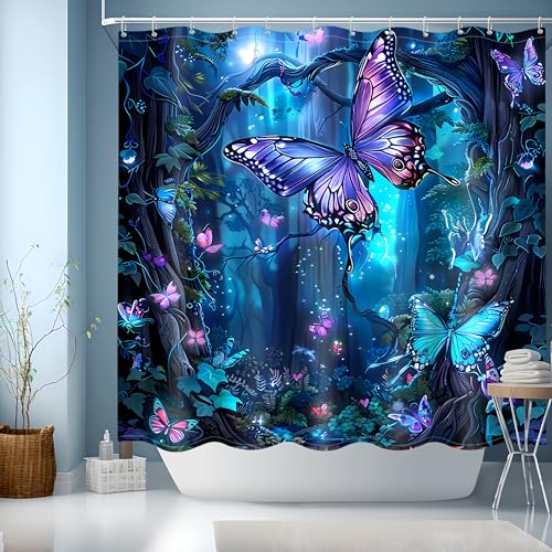 Duschvorhang Blau,Duschvorhang 180x180,Duschvorhang Bunt Duschvorhang mit Motiv für Badezimmer Badewanne,Duschvorhang Wasserdicht und Schnell Trocknend,Badewannenvorhang mit 12 Duschvorhangringe von JINGYOU
