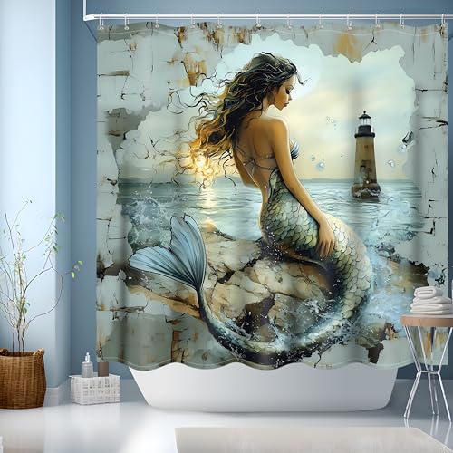 JINGYOU Meerjungfrau Duschvorhang 180x180cm,Vintage Duschvorhänge mit Motiv Textil Waschbar Polyester Stoff Badevorhang mit 12 Duschvorhangringe für Badezimmer,Badewanne von JINGYOU