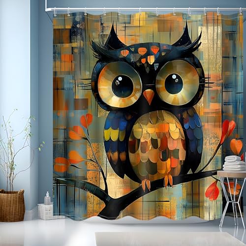 JINGYOU Duschvorhang 180x200,Duschvorhang Wasserdicht mit Gewicht Badezimmer Vorhang Badewannenvorhang Polyester Textil mit Muster mit Ösen und 12 Duschvorhangringe für Badezimmer, Badewanne,Eule von JINGYOU
