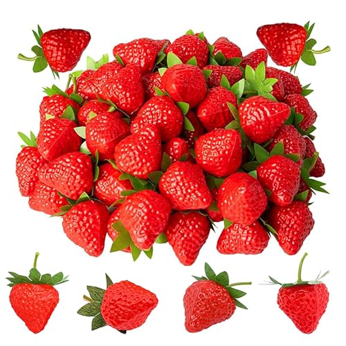 JINJUMEI 30 Stück Künstliche Kunststoff Erdbeere, Realistisch Kunststoff Erdbeeren Künstliche Früchte Erdbeer Dekor Gefälschte Erdbeere für Kuchendekoration, Basteln, Fotografie Requisiten von JINJUMEI