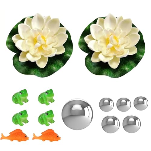 JINJUMEI Klein Garten Teiche Deko Set, 2 Schwimmend Lotusblüte, 2 Koi Karpfen, 4 Mini Frosch und 6 Schwimmkugeln, Super Idee Miniteich Deko für Aquarien, Bachszenen, Garten Teich JINJUMEI Klein Garten Teiche Deko Set, 2 Schwimmend Lotusblüte, 2 Koi Karpfen, 4 Mini Frosch und 6 Schwimmkugeln, Super Idee Miniteich Deko für Aquarien, Bachszenen, Garten Teich von JINJUMEI
