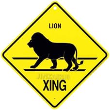 Lion Xing Caution Crossing Wildlife Gift Sign Blechschild für Zuhause, Büro, Bar, Innen- und Außenbereich, quadratisch, 20,3 x 20,3 cm von JINKAIRUI