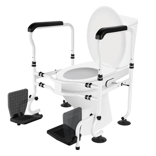 Toilettensitzerhöhung mit Fußstützen und Griffen, höhenverstellbar und breit, strapazierfähig, erhöhter Toilettensitz für ältere Menschen, Behinderte, Schwangerschaft, passend für die meisten von JINKEE