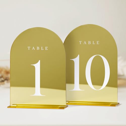 JINMURY Goldfarbene verspiegelte Tischnummern 1-10 mit Ständer, 10 Stück, 12,7 x 17,8 cm, goldener Acrylbogen mit Ständer, goldfarbener Spiegel-Acrylbogen, Tischnummern für Hochzeitsempfang (12,7 x JINMURY Goldfarbene verspiegelte Tischnummern 1-10 mit Ständer, 10 Stück, 12,7 x 17,8 cm, goldener Acrylbogen mit Ständer, goldfarbener Spiegel-Acrylbogen, Tischnummern für Hochzeitsempfang (12,7 x von JINMURY