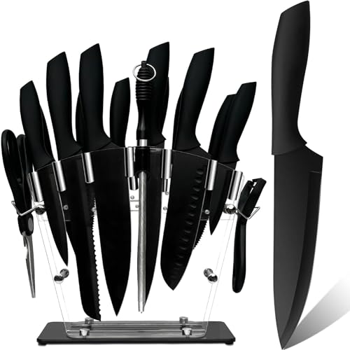 JINPIKER Messer block, 16-tlg Messer set, Professionelles Küchenmesser Set aus Edelstahl Mit Antihaftbeschichtung, Extra Scharf & Ergonomischen messerset, Messerhalter aus Acryl,Steakmesser Anspitzer von JINPIKER