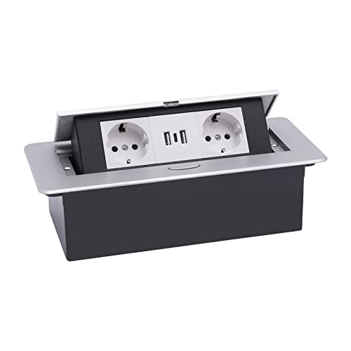 Einbausteckdose Versenkbare, Tischplatte Versteckt Steckdose, Wasserdichte Mehrfachsteckdose mit 2 USB, eine Typ-C und 2 Steckdosen Pop Up Steckdose Desktop für Boden Arbeitsplatte, Silber von JINPRDAMZ