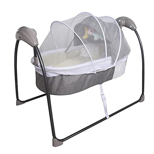 JINPRDAMZ Babyschaukel, Grau Kinderreisebett, Babywiege mit 3xSpielzeugen, 3 Schaukelgeschwindigkeiten, Timing und Bluetooth Funktion, für ab der Geburt bis 18kg von JINPRDAMZ