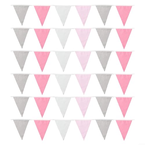 Bunte Wimpelkette aus Baumwollstoff, 3 m, ideal für verschiedene Feiern (Rosa, Grau, Weiß) von JINSBON