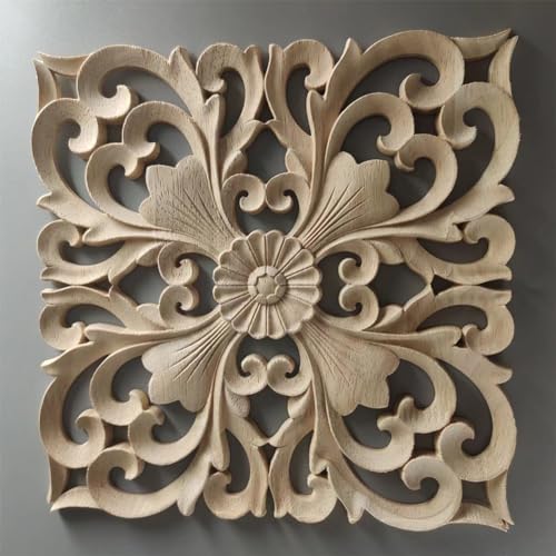 Dekoratives Blumenbrett aus geschnitztem Holz, perfekt zum Verschönern von Wänden, Schränken und Türen, Gummibaumholz (24 x 24 cm) von JINSBON