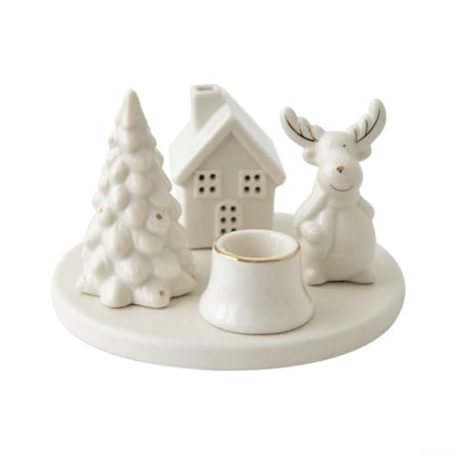 Detaillierter Kerzenhalter aus Keramik, Rentier und Schneehäuser, Weihnachts-Kerzenhalter, mit Rentier- und verschneiten Häusern, für Kaminsims oder Tischdekoration (Hirschkerzenleuchter) von JINSBON