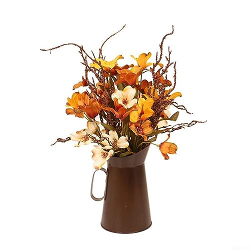 JINSBON Künstliche Herbstblumen mit Eimer, orangefarbene Herbststräuße in Eisenkrug für Thanksgiving, Tischdekoration, Herbsternte von JINSBON