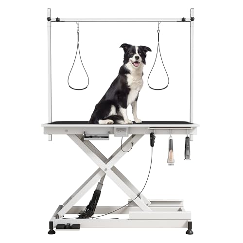 Robuster elektrischer Fellpflegetisch für große Hunde mit Überkopfarm, rutschfester Gummi-Schreibtisch und leistungsstarkem Motor, 127,7 cm, Weiß von JINTANGLI PET
