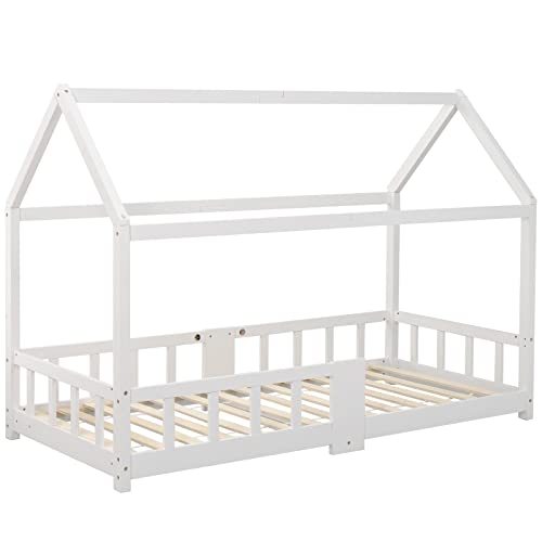 JINTAOMA Kinderbett 90x200 cm mit Rausfallschutz - Hausbett mit Lattenrost für Kinder - Bettrahmen Weiß aus Holz für Mädchen, Jungen,White von JINTAOMA