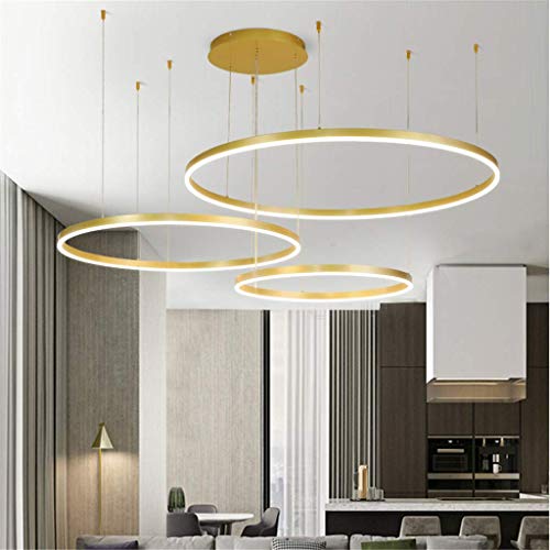 LED Pendelleuchte Esstischlampe Pendellampe Wohnzimmerlampe Dimmbar Mit Fernbedienung Hängelampe Modern Kronleuchter Rund Ring Leuchten Aluminium Acryl Deckenleuchte 90W Gold 3laps 40+60+80cm von JINWELL