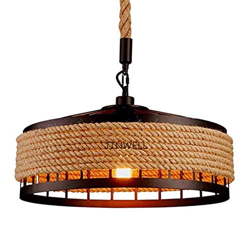 JINWELL Vintage Hängelampe Seilampe Pendelleuchte E27 Retro Industrie Pendellampe Loft Kronleuchter Rustikal Hanfseil Eisen Leuchter Wohnzimmelamp Runde Hängend Eisen Esszimmer Käfig Café Deckenlampe von JINWELL