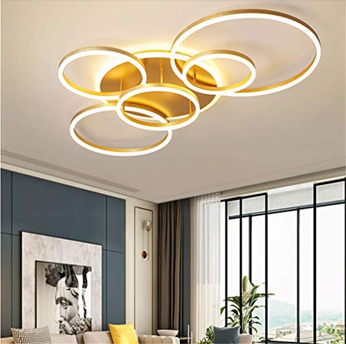 JINWELL LED Deckenleuchte Mit Fernbedienung Modern Kronleuchte Creative Pendelleuchte Deckenlampe Deckenstrahler Acryl Lampenschirm Modern Elegant Matt Aluminium Deckenleuchte,Gold,6 Rings/86W von JINWELL