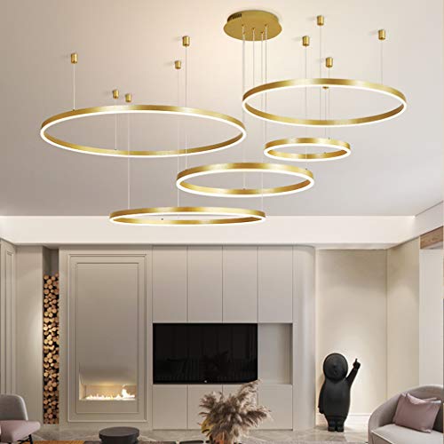 LED Pendelleuchte Esstischlampe Pendellampe Wohnzimmerlampe Dimmbar Mit Fernbedienung Hängelampe Modern Kronleuchter Rund Ring Leuchten Aluminium Acryl Deckenleuchte 130W Gold 5laps 20+40+60+80+100cm von JINWELL