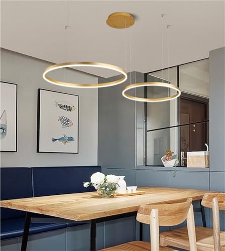 JINWELL LED Pendelleuchte Esstischlampe Pendellampe Wohnzimmerlampe Dimmbar Mit Fernbedienung Hängelampe Modern Kronleuchter Rund Ring Leuchten Aluminium Acryl Deckenleuchte 65W Gold 2laps 40+60cm von JINWELL