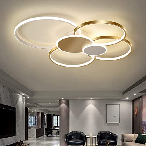 Modern LED Deckenleuchte Groß Wohnzimmerlampe Dimmbar Mit Fernbedienung, Runden Rings Design Deckenlampe Kreative Metall Acryl Beleuchtung Esszimmer Schlafzimmer Dekor Pendelleuchte,Gold,100CM/98W von JINWELL