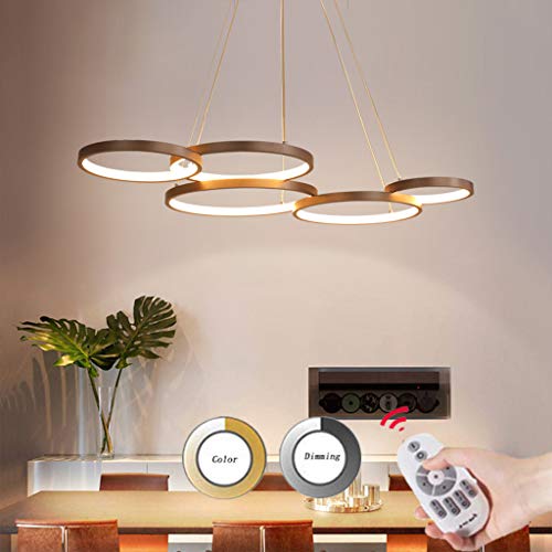 Moderne LED Pendelleuchte Dimmbar Hängeleuchte Esstischlampe Pendellampe Höhenverstellbar Hängelampe Kronleuchter für Wohnzimmer Esszimmer Büro Schlafzimmer Decken Lampe 92 * 55cm 63W Five rings von JINWELL