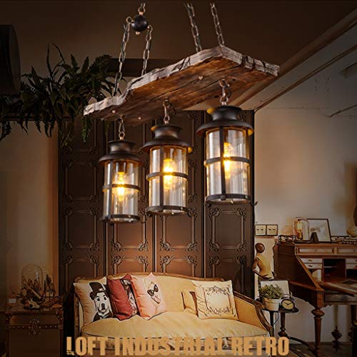Pendellampe Vintage Hängelampe Retro Edison Loft Kronleuchter Retro Industrie Eisen Deckenleuchte Höhenverstellbar E27 Holz Eisen Glas Lampenschirm Pendellampe Restaurant Café Dekoration 3 Heads von JINWELL