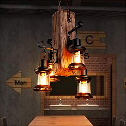 Pendellampe Vintage Industrielle Holz Kronleuchter 4 Kopf Retro Industrial Style Creative Disign Lampe Hängeleuchte Cafe Loft Metall Glas Dekorativer Kreativ Wohnzimmer Esszimmer Bar Cafe Hängelamp von JINWELL