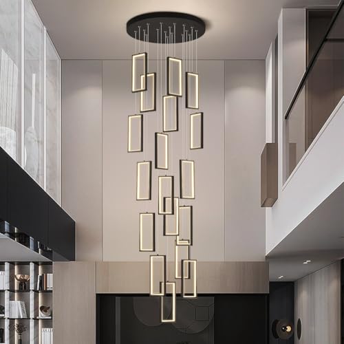 Treppenhaus Pendelleuchte Modern Lange Treppen, Dimmbar Mit Fernbedienung Schwarz Led Rechteckige Dimmbar Dekoratives Hängeleuchte FüR Villa Esszimmer Wohnzimmer,Hohe Decken Pendellampe LüSter(18 head von JINWELL