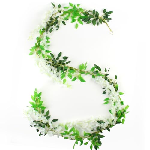JINXIAN 2 Stück Künstliche Wisteria Girlande 220cm Künstliche Glyzinien Blumen Künstliche Blume Girlande Wisteria Hängende Blumen Pflanze Gefälschte für Hochzeit Party Garten Dekor (Weiß) von JINXIAN