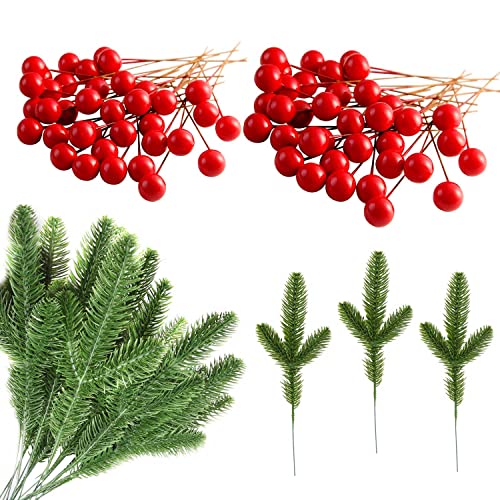 JINXIAN 20 Stück Künstliche Kiefer Zweige mit 100 Stück Künstliche Holly Berry Adventskranz Deko Weihnachten Dekoration Weihnachtskranz DIY Zubehör für Weihnachten und als Haus und Garten Dekoration von JINXIAN