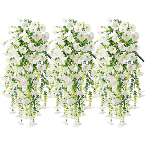 JINXIAN 3 Stück Weiß Morning Glory Künstliche Hängepflanzen 75 cm/29.52 in Fake Blumen Wetterfest UV-Beständig Künstliche Balkonpflanzen für Garten Veranda Traufe Wanddeko von JINXIAN