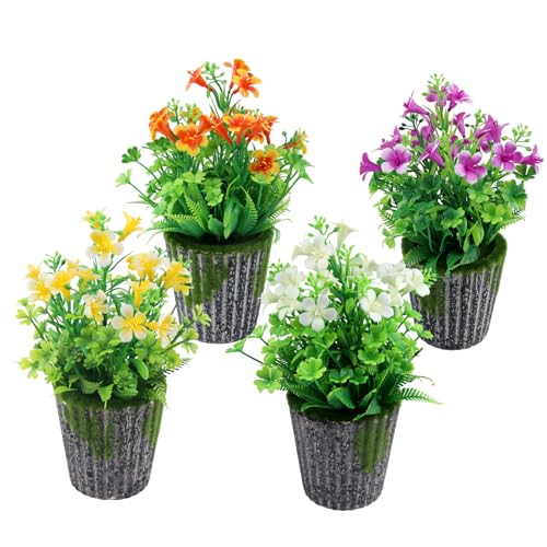 JINXIAN 4 Stück Künstliche Blumen Plastikblumen 24 cm Kunstblumen Im Topf mit Künstlichem Moosblumentopf Zimmerpflanzen für Bücherregal Wohnzimmer Balkon Blumen Deko（4 Farben） von JINXIAN