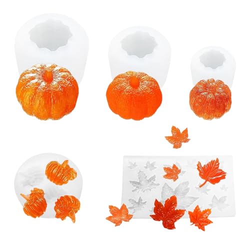 JINXIAN 5 Stück Kürbis Harzformen Set Halloween Thanksgiving 3D Kürbis Ahornblatt-Form Ahornblatt Silikonformen für DIY Süßigkeiten Herbsternte Halloween Silikonform Kerzenform von JINXIAN