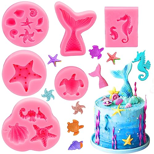 JINXIAN 6 stück Silikonform Meerjungfrau Fondantform 3D Ozean Tier Backform Set DIY Fondantdecke Backform Muschelform Seestern Seepferdchen Ozean Silikon Backform für SüßIgkeiten Kuchenform von JINXIAN