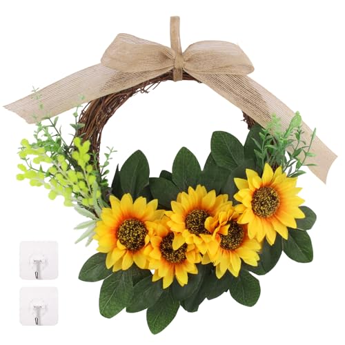 JINXIAN Türkranz Frühling 26 cm Sonnenblume Kranz Haustür Deko mit 2 Haken Grüne Blätter Weinwurzeln und Fliege Türkranz Ganzjährig für Haustür Zaun Türen Hochzeiten Parties von JINXIAN
