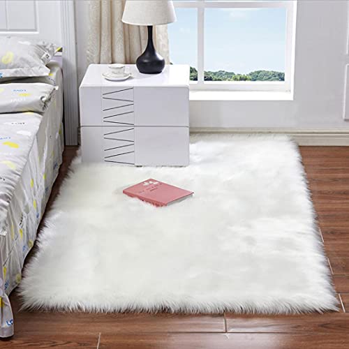 JINXIULL Faux Lammfell Schaffell Teppich 120 x 180 cm Flauschig Nachahmung Wolle fellteppich Weiche Longhair Fell Bettvorleger Sofa Matte (Weiß) von JINXIULL