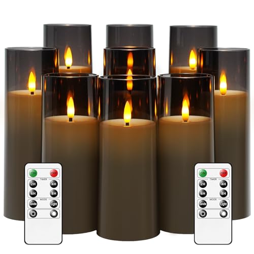 JINYANIA LED Kerzen, Acryl Flackernde Flammenlose Kerzen, Batteriebetriebene Kerzen mit Fernbedienung und Timer, Stumpenkerzen Packung von 9 (D2.3 xH 5" 6" 7") für Home und Feste Decor（Grau） von JINYANIA