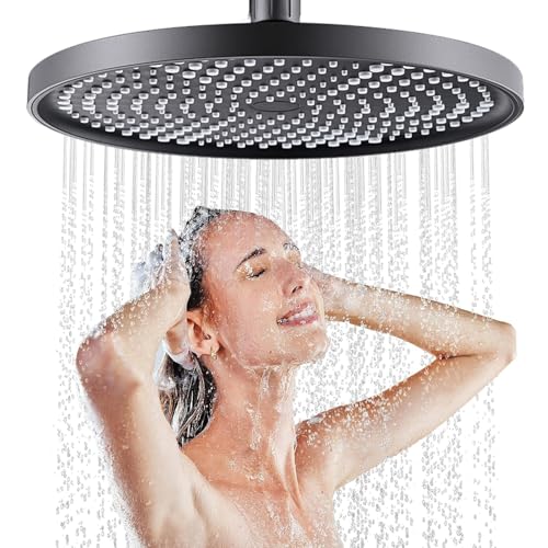 JINYOMFLY Runder Kopfbrause Regendusche 25CM, Fester Duschkopf Regendusche Groß, Hochdruck Kopfbrause Wassersparend, Selbstreinigende Regendusche Duschkopf 360° Verstellbarer (Schwarz) von JINYOMFLY