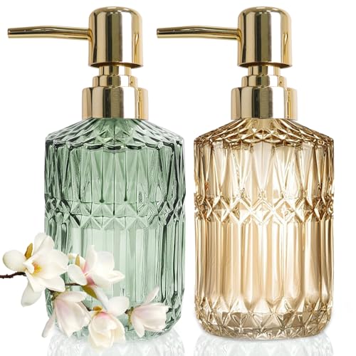 JINYOMFLY Seifenspender Grün Gold Glas, 390ml Shampoo Flaschen zum Befüllen, Seifenspender Glas mit Pumpe, Vintage Elegant Seifenspender 2er Set von JINYOMFLY