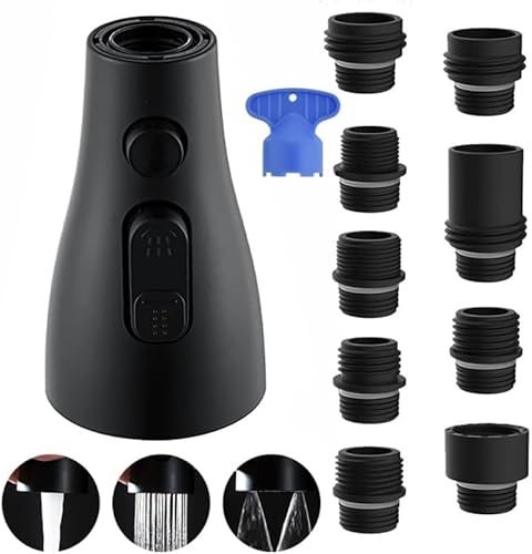 JINYOMFLY Wasserhahn Aufsatz Schwarz, Küchenarmaturen Schwarz mit 9 Adapter, Brausekopf Küchenarmatur Brausekopf Ersatz, Aufsatz für Wasserhahn Küche von JINYOMFLY