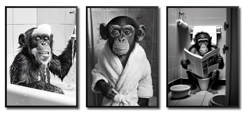 JINZUNRUI Badezimmer Deko Bilder, Schwarz-weiß Bad Poster A4 Wandbilder, Lustige Schimpansen auf WC Toilette Wand Deko, Leinwand Badezimmer Bilder- Ohne Rahmen von JINZUNRUI