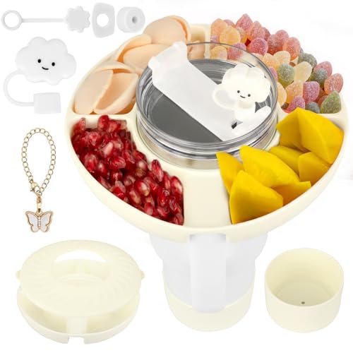 JINZUNRUI Snackschale mit Deckel und 4 Fächern für Stanley Cup 40oz, Silikon Snackteller mit 6 Stück Stanley Cup Zubehör, Stanley Cup Teller, Snack Tablett für Kino Camping Auto Nüsse Candy, Beige von JINZUNRUI