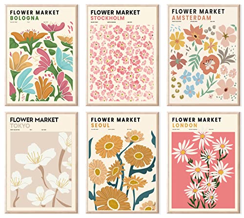 JINZUNRUI Stilvolles Blumen Bilder Set, 6 Stück Flower Market Poster Vintage Kunstdruck Wohnzimmer Schlafzimmer Wandbilder A4 Bilder Aesthetic Wanddeko, ohne Rahmen von JINZUNRUI