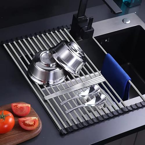 JIOUHM Aufrollbares Geschirrtrockner Gestell Abtropfgitter Abtropfauflage Abtropfmatte, Multifunktionaler Spülen-Abtropfer für die Küchenspüle Spülbecken Organizer Utensilien-Halter (17''x13.7'') von JIOUHM