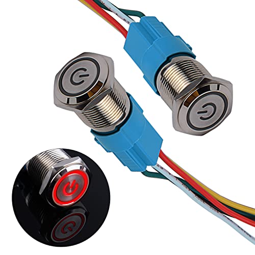 JIQI 2× 16mm Momentane Metall Druckschalter 12V bis 24V 3A Momentary LED Tastenschalter IP66 1NO1NC wasserdicht vorverdrahte EIN/AUS Taste Schalter für Fahrzeugmodifikation Wohnmobil(Rot/Power Symbol) von JIQI