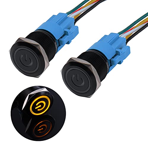 JIQI 2× 19mm Druckschalter 12V bis 24V 3A Wasserdichte Latching Schalter aus Aluminiumlegierung IP66 1NO1NC vorverdrahte schwarze EIN/AUS Schalter mit Power Symbol LED für Motorrad Boot LKW RV (Gelb) von JIQI