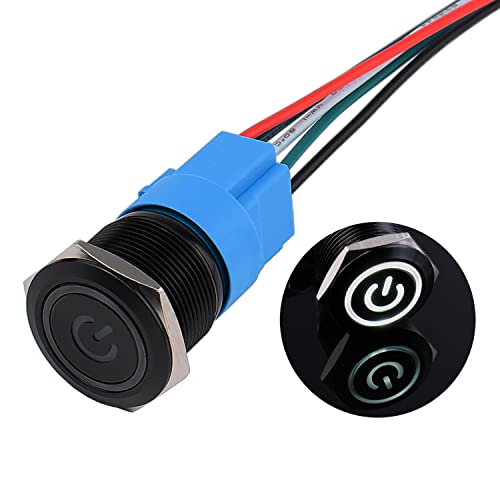 JIQI 22mm Druckschalter 12V bis 24V 5A Wasserdichte Latching Schalter aus Aluminiumlegierung IP66 1NO1NC vorverdrahte schwarze EIN/AUS Schalter mit Power Symbol LED für Motorrad Boot LKW RV (Weiß) von JIQI