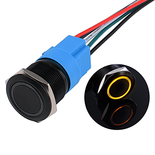JIQI 22mm Druckschalter 12V bis 24V 5A Wasserdichte Latch Schalter aus Aluminiumlegierung IP66 1NO1NC vorverdrahte rastende schwartze Druckknopf mit LED Licht für Motorrad Boot LKW RV (Gelb) von JIQI