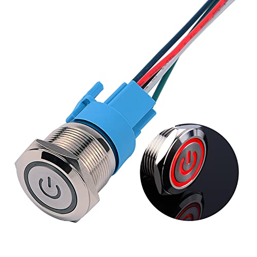 JIQI 22mm Momentan Metall Druckschalter 12V bis 24V 5A Momentary LED Tastenschalter IP66 1NO1NC wasserdicht vorverdraht EIN/AUS Taste Schalter für Fahrzeugmodifikation Wohnmobil DIY(Rot Power Symbol) von JIQI