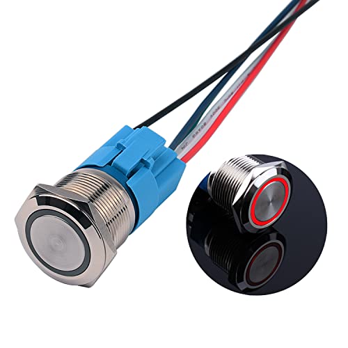 JIQI 22mm Momentane Metall Druckschalter 12V bis 24V 5A Momentary LED Tastenschalter IP66 1NO1NC wasserdichte vorverdrahte EIN/AUS Taste Schalter für Fahrzeugmodifikation Wohnmobil DIY(Rot) von JIQI